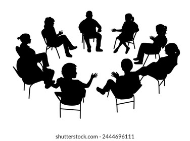 People sat in a circle discussing with each other, business people sitting on conference or other meeting silhouette