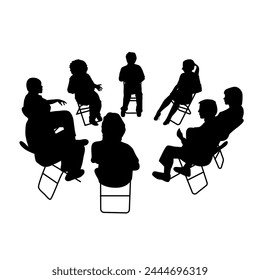 People sat in a circle discussing with each other, business people sitting on conference or other meeting silhouette	