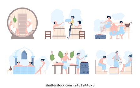 People in sauna. Spa procedures for men and women. Person relaxation in wooden barrels and tubes. Cartoon wellness therapy recent vector scenes