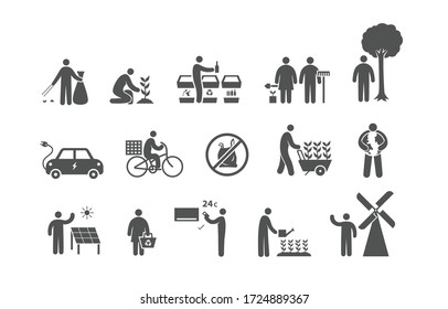 people save the earth activities, stickman flat design, icon set