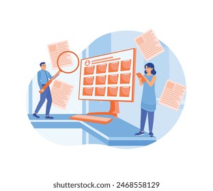 Personas Guardar Empleados buscan e indexan documentos de archivos. Concepto de almacenamiento. Ilustración vectorial plana.