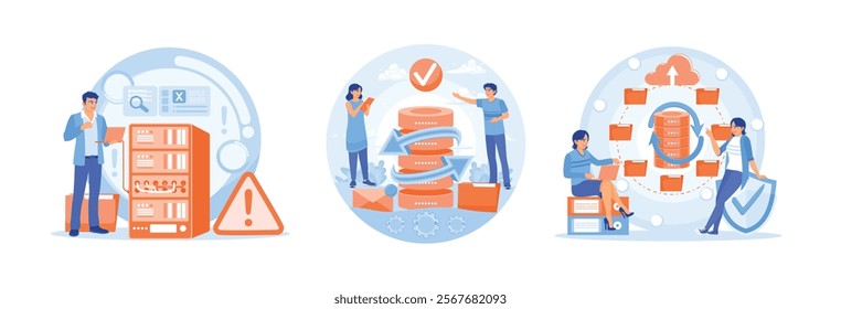 People save files online. Back up data. Analyze and store data on server hardware. Database concept. Set flat vector illustration.