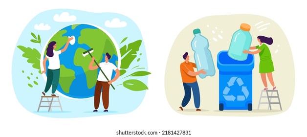 People save green Planet environment. Earth Day, Nature ecology protection concept. Colored flat vector illustration