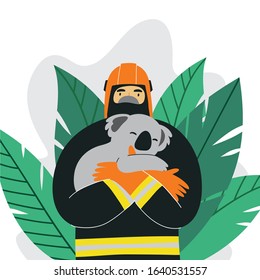 People Save A Koala In Australia During Fires. Vector Flat Illustration Firefighters Help Animals