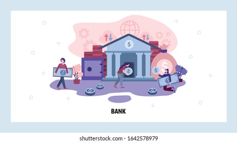 People save money in bank. Online banking and finance services. Bank building. Vector web design template. Landing page website concept illustration