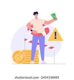 Menschen Geld sparen im Notfallfonds, Sicherheitspolster. Konzept von Notfallfonds, Finanzversicherung, Geldreserve und Kompensation. Vektorillustration in flachem Design für Web Banner