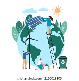 People save planet earth from climate change. Man make wind generator, character put solar panel. Using clean energy. Sustainable energy climate alternative. Flat vector illustration.