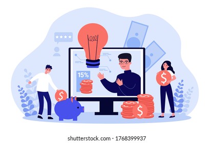 People Saving Cash. Entrepreneurs Finding Investor For Startup. Sponsor Investing Money To Project. Vector Illustration For Crowdfunding, Cooperation, Donation, Business, Investment Concept