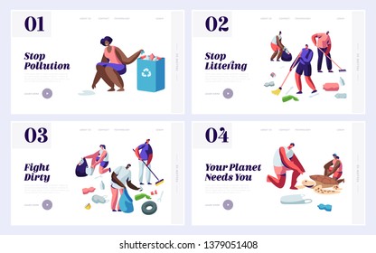 People Saving and Cleaning Planet from Trash Website Landing Page Templates Set. Male and Female Characters Raking Earth Surface, Recycle and Ecology. Web Page Cartoon Flat Vector Illustration, Banner