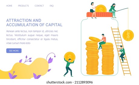 People saving coins, investments in jar. Attraction and accumulation of capital concept. Man and woman catching dollars, hoarding pennies. Website or webpage template, landing page in flat style