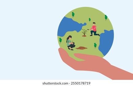 People saving  earth planet, making green and Protect nature and ecology. Earth day. Flat vector illustration.