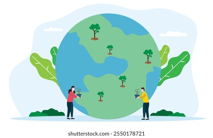 People saving  earth planet, making green and Protect nature and ecology. Earth day. Flat vector illustration.