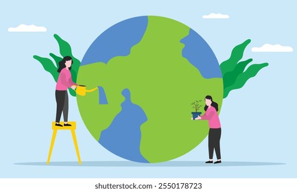 People saving  earth planet, making green and Protect nature and ecology. Earth day. Flat vector illustration.