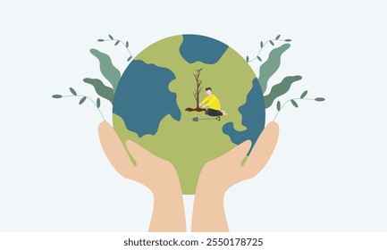 People saving  earth planet, making green and Protect nature and ecology. Earth day. Flat vector illustration.