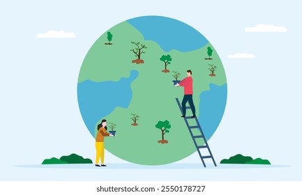 People saving  earth planet, making green and Protect nature and ecology. Earth day. Flat vector illustration.