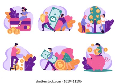 People saving or investing money. Characters with banknotes or gold coins earning salary or wages. Piggy bank or deposit, protecting finances. Financial freedom and growing fund, vector in flat