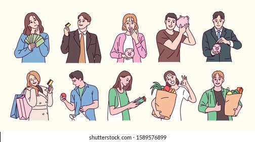 People are saving money or buying things. People holding piggy banks. People who shopped at the market. hand drawn style vector design illustrations. 