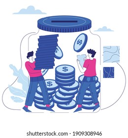 People saving money and coin in glass jar vector illustration