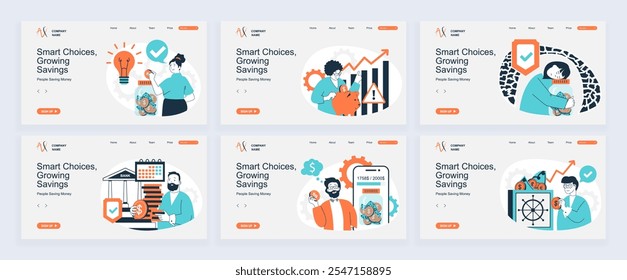 Pessoas economizando dinheiro conceito de página inicial com modelos de slide definidos em design plano. Cabeçalhos do site com pessoas planejando orçamento, gerenciando finanças pessoais e fazendo depósitos. Ilustrações vetoriais.