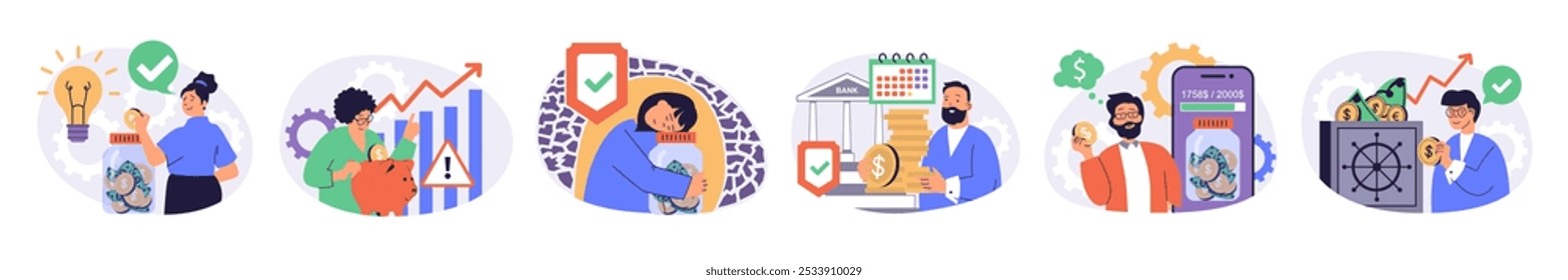 People saving money concept set with characters in flat design for web. Man and woman planning budget, managing personal finance, investing and doing deposit and getting profit. Vector illustrations.