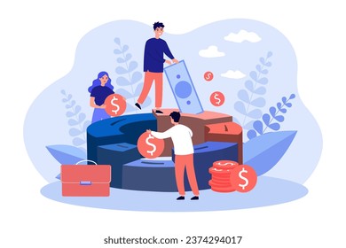 People saving money in pie chart segments vector illustration. Businessmen and women investing money for business development and growth. Finance, diversified portfolio, business approach concept