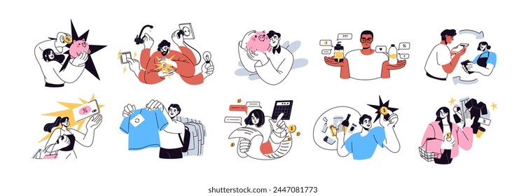 People saving money set. Stingy characters and personal finance. Planning, calculating expenses, profit. Careful budgeting, financial concept. Flat vector illustration isolated on white background