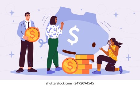 People with savings. Man and woman near inverted piggy bank. Young guy and girls with gold coins. Financial literacy, savings and budget. Flat vector illustration isolated on blue background