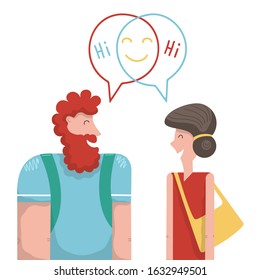 People say hello. People are dating. The guy and the girl say hello to each other. Cartoon picture. Man and woman communicate and laugh. Friends are smiling. Vector illustration in a flat style