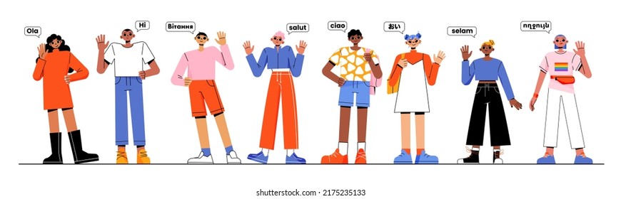 People say hello in different languages. Vector flat illustration of diverse characters with speech bubbles with greeting on foreign languages. Concept of multicultural communication