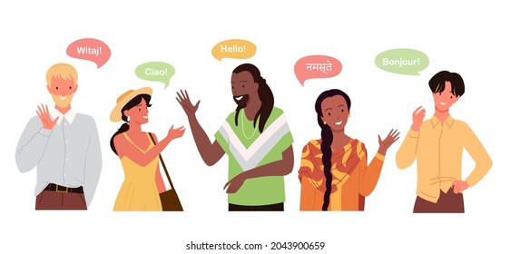 People say hello on different languages, global international communication concept vector illustration. Cartoon man woman characters talk, speech conversation with chat bubbles isolated on white