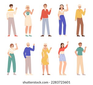 People say hello, young ethnic man woman waving. Welcoming characters, diverse adults and teens. Casual style students snugly vector community