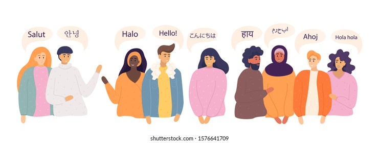 People say hi in different languages vector illustration. Diverse cultures, international communication concept. Native speakers, friendly men and women.