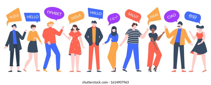 People say hi. Group of multiethnic men and women speaking, multicultural characters say hello. Unity of asian, african and european humans. Different language greeting learn vector illustration