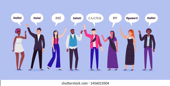 People say hi. Hello on different languages, greetings world persons and communicating people. Greetign speaking humans, american say hello or different language hi flat vector illustration