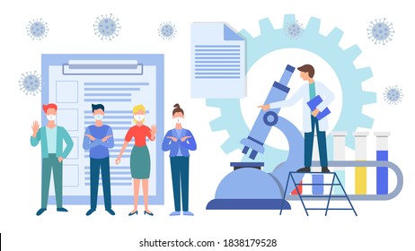 People say Stop coronavirus. Analyzes and tests in a medical office. A doctor with a microscope and test tubes with reagents prescribes a coronavirus test. Vector illustration.