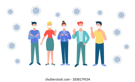 People say stop coronavirus. A group of young people are protesting against the outbreak of the epidemic. Vector illustration