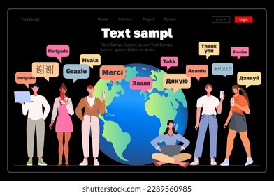 People say thanks in different languages. People supporting each other and thanking. International Thank You Day. Communication. Equality. Modern concept for website development, social media.