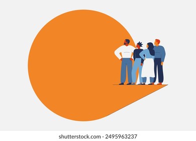 People say via big speech bubble. Multiracial Men and women stand up for social justice, human rights, diversity and freedom of thoughts. Communication business concept. Vector illustration