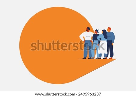 People say via big speech bubble. Multiracial Men and women stand up for social justice, human rights, diversity and freedom of thoughts. Communication business concept. Vector illustration