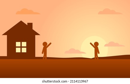 People Saying Goodbye Go Home In Evening Silhouette Sunset Flat Vector Design.