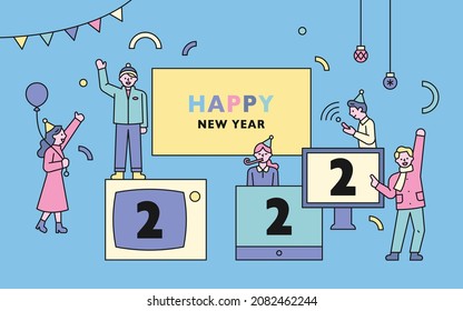 People are saying New Year's greetings through video calls. Happy New Year banner. flat design style vector illustration.