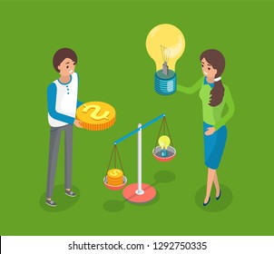 People scaling idea and resources vector, business balance. Man with gold coin dollar and woman holding light bulb. Scales weighing placed objects