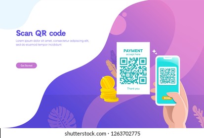 people scan QR code vector illustration concept, people use smartphone and scan qr code for payment and everything, can use for, landing page, template, ui, web, mobile app, poster, banner, flyer
