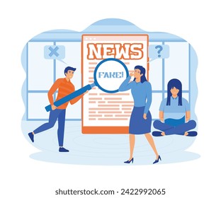  People scanning fake news published in social network and hoax information on the internet, media press. flat vector modern illustration 