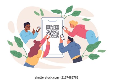 People Scanning QR Code. Card Payment By Phone. Business Pay. ID Label Sign. Community Credit App. Online Technology. Smartphone Screen. Barcode Scanner. Vector Illustration Poster