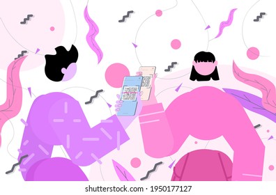 people scanning QR code on smartphone screens electronic digital technology machine readable barcode verification concept horizontal portrait vector illustration