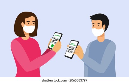 People scanning QR code on a smartphone screen covid certificate. On the second display, the green check mark icon, accepted