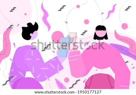 people scanning QR code on smartphone screens electronic digital technology machine readable barcode verification concept horizontal portrait vector illustration