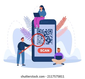 People scanning QR-code using phone flat vector illustration. Man looking at smartphone screen through magnifier, using QR-code for online payments, purchases. Technology concept