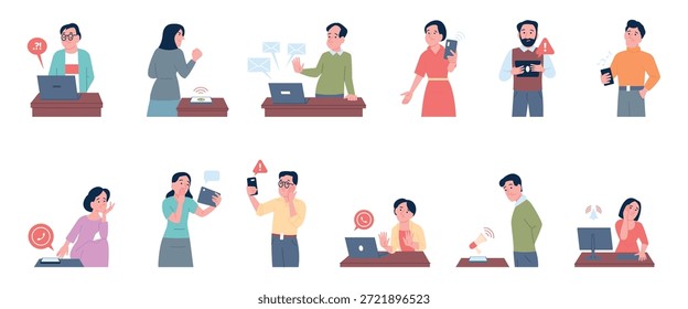 As pessoas assustaram os aparelhos. Funcionários do escritório aguardando chamada ou mensagem, sentindo estresse, lendo notícias ou e-mails de forma negativa. Homens mulheres frustração de smartphones, cenas vetoriais recentes